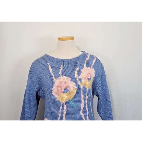 Vintage 80s Sweater Periwinkle Blue Floral Knit Hand Loomed Misses Size S - Picture 2 of 7